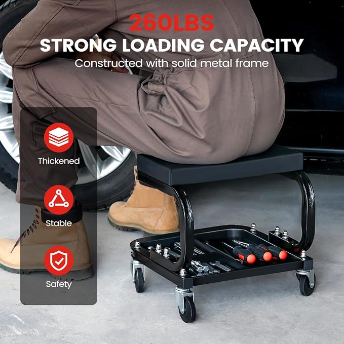 Rolling Creeper Garage/Shop Seat, 260LBS Capacity Padded Workshop Stool - Image 2