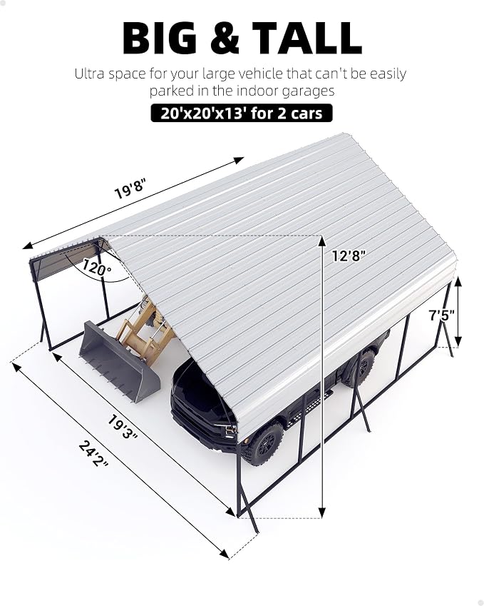 20'x20'x13' Metal Carport for 2 Cars, Heavy Duty Car Ports for Heavy Snow - Image 4