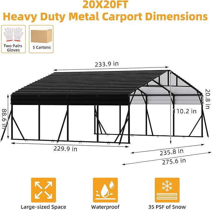 20 x 20 FT Metal Carport with Galvanized Steel Roof, Heavy Duty Metal Roof - Image 2