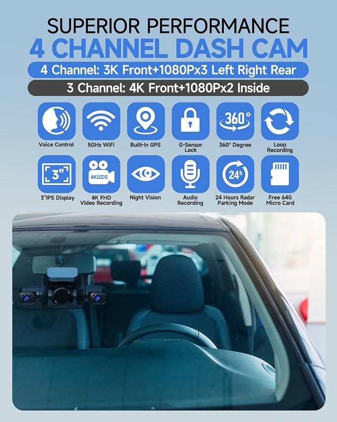 Dash Cam 4 Channel Front and Rear Inside, 360° Car Camera 4K UHD, Dash Camera - Image 3