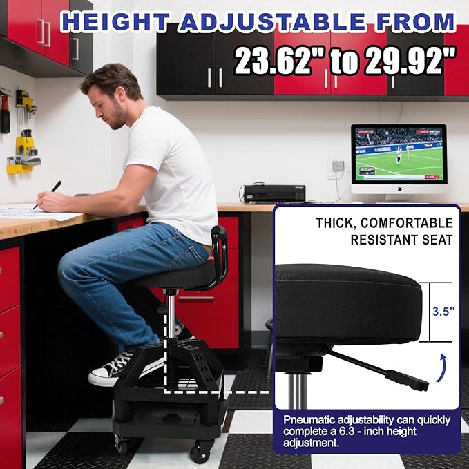 Rolling Shop Stool with Wheels, Heavy Duty Garage Work Mechanic Stool with - Image 4
