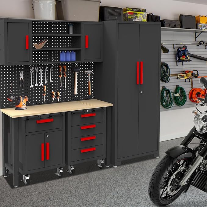 Red Garage Cabinet Storage System 6-Pcs Workshop Set Garage Cabinet and Storage - Image 2
