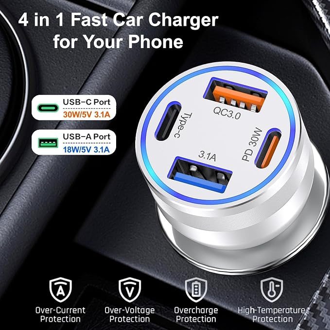 65W Car Phone Charger USB C, 5 Pack 4-Port Cigarette Lighter Adapter, 12V USB C - Image 7
