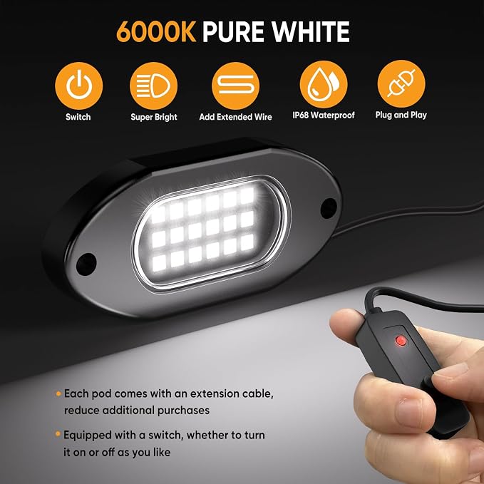 Honalia Pure White Rock Lights 4 Pods, 6000K White LED Rock Lights Kits - Image 2