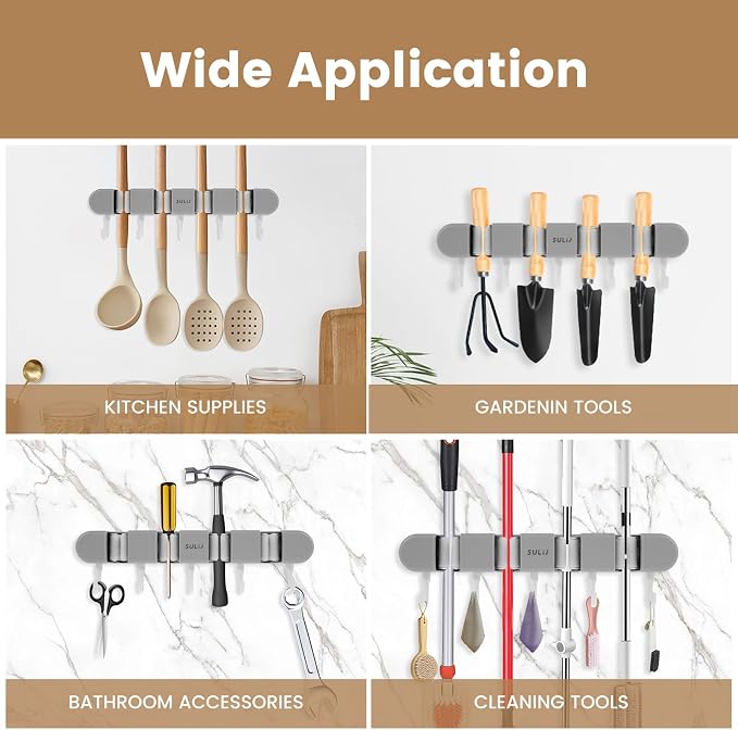 3PCS Broom Mop Holder with Hooks Wall Mounted Broom Storage Rack No Drilling - Image 2