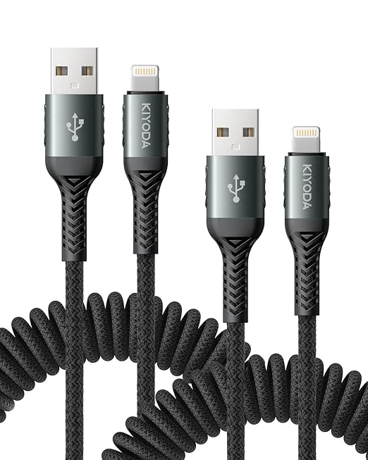 Coiled iPhone Charger 3FT 2Pack, Braided USB to Lightning Cable by KIYODA