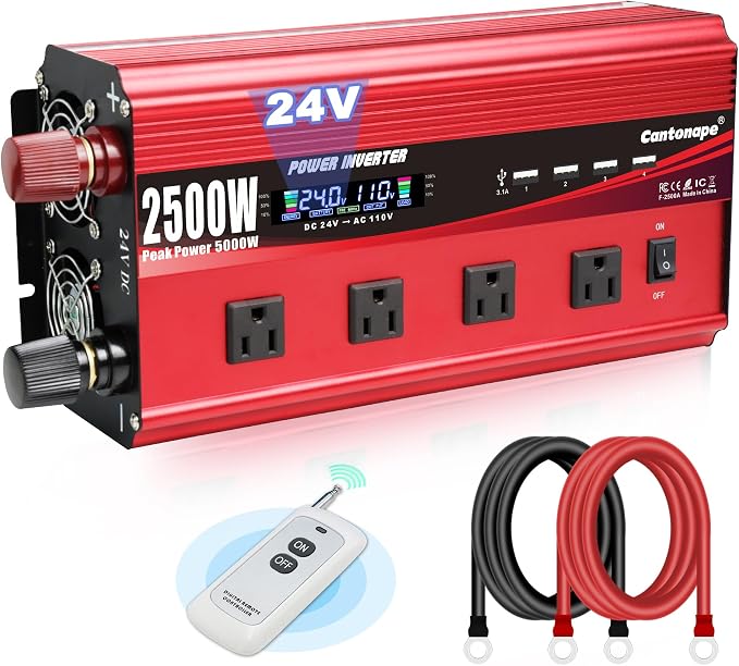 2500W Power Inverter 24V to 110V/120V DC to AC by Cantonape