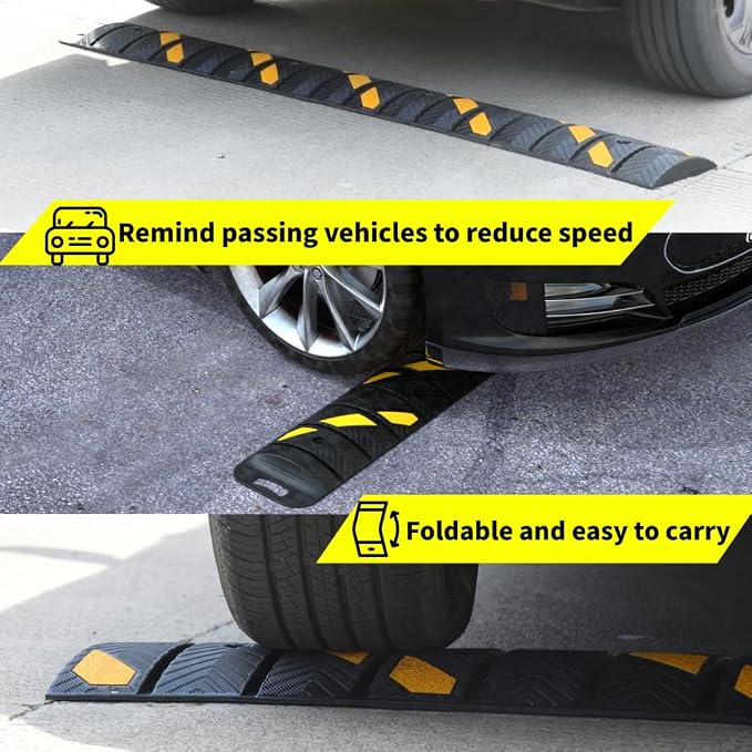 76"x10"x 2" Portable Rubber Speed Bump Reflective Yellow-Black, Quick to fold - Image 6