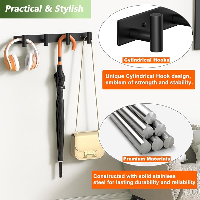 Coat Rack Wall Mounted with 4 Hooks, Wall Hooks - Image 4