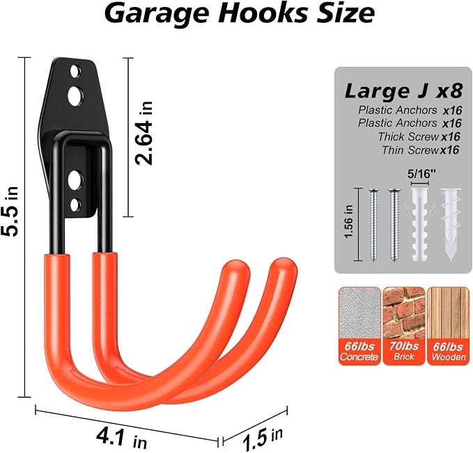 8 Pack 5.5x4.1 inch J Heavy Duty Garage Hooks, Solid Steel Wall Mount Hangers - Image 2