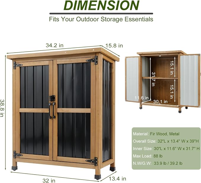 Outdoor Storage Cabinet Wood & Metal Small Storage Shed Waterproof Roof - Image 3