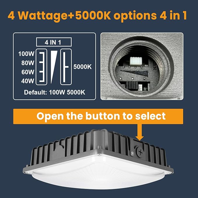 100W LED Canopy Lights 4Pack, 40/60/80/100W Selectable, 15000LM 5000K Square - Image 2