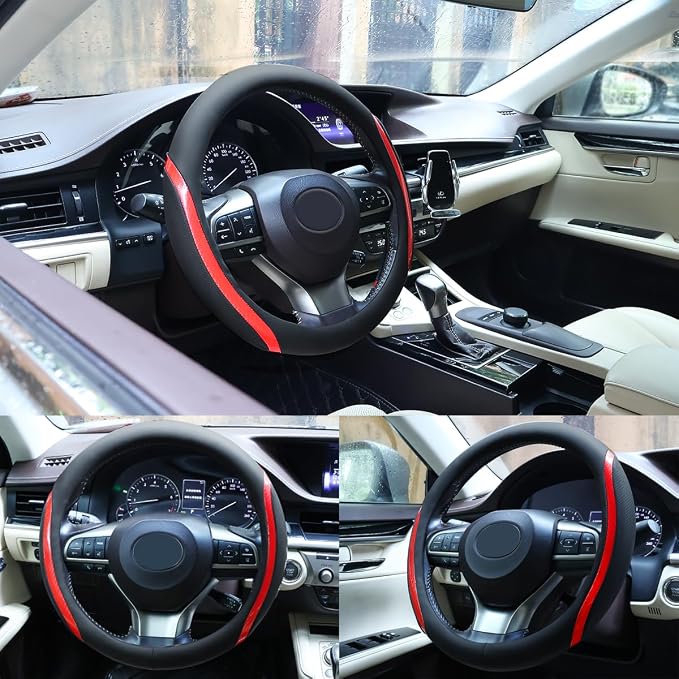 Steering Wheel Cover Black Red, Carbon Fiber Car Steering Wheel Covers - Image 2