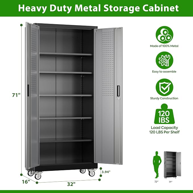 Garage Storage Cabinet with Pegboard and 5 Adjustable Shelves, Tool Storage - Image 3