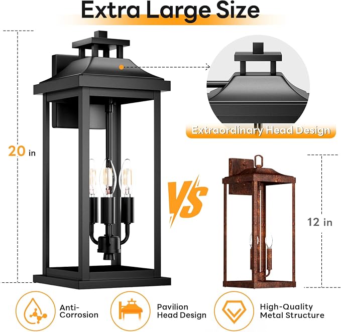 Large Outdoor Light 3-Light 20" Black Exterior Lighting Fixture, Modern Outside - Image 4