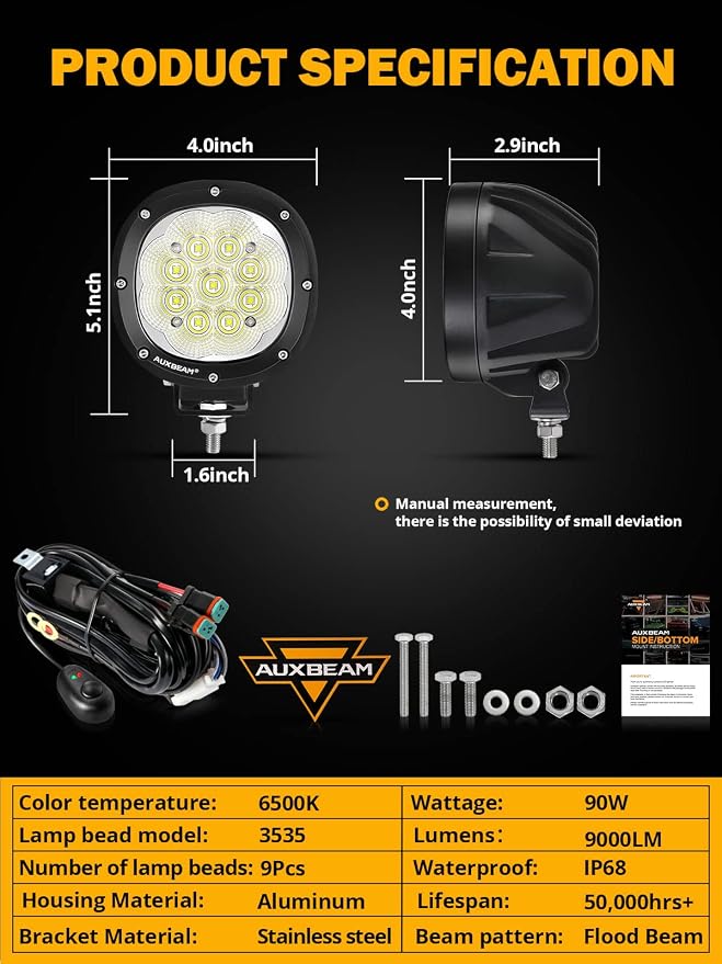 Auxbeam 4 Inch Round LED Light Pods, 90W Offroad Flood White Light Bar - Image 6