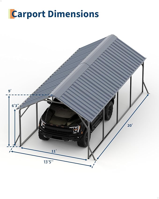 11'x20'x9' Vertical Roof Metal Carport, Heavy Duty Steel Car Ports - Image 5
