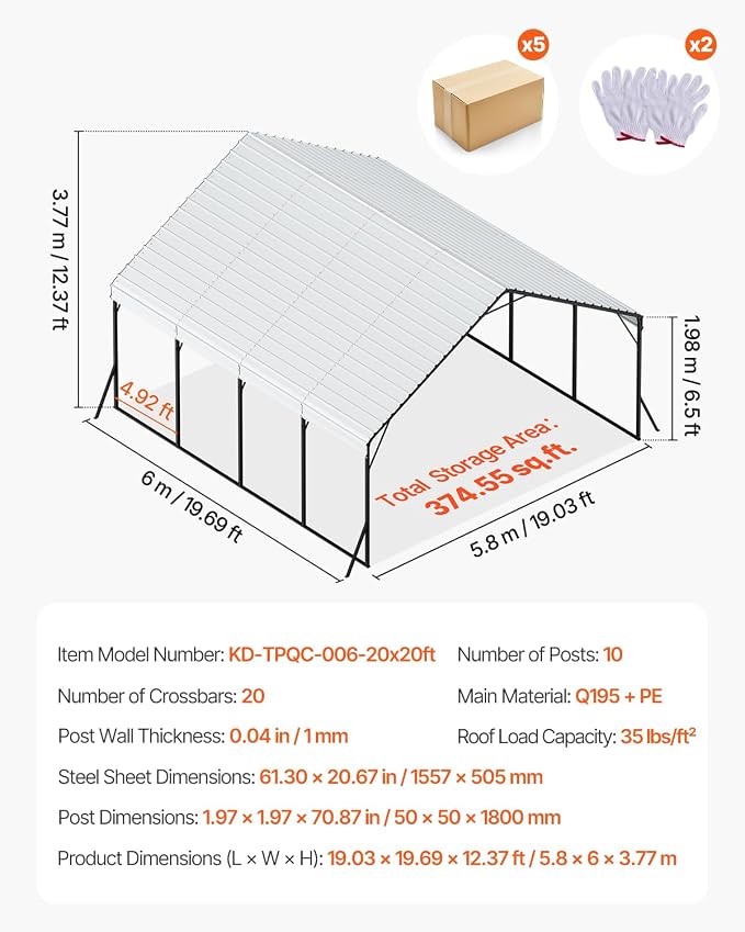 VEVOR Heavy Duty Metal Carport, 20 x 20 ft Outdoor Carport - Image 7