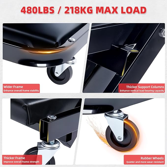 Mechanic Creeper 40inches 3-in-1 Z Seat 480lbs Capacity, Foldable Garage Chair - Image 4