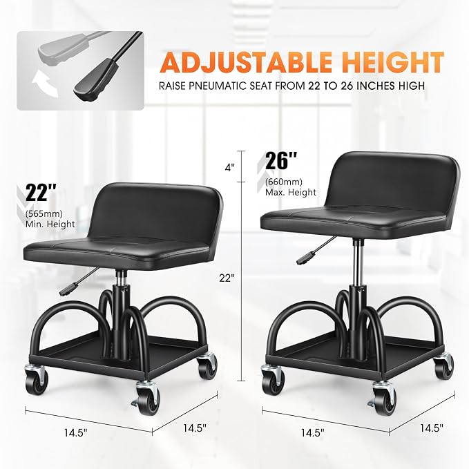 DNA MOTORING Rolling Padded Seat Adjustable Height Seat 330lbs Capacity Rolling - Image 2