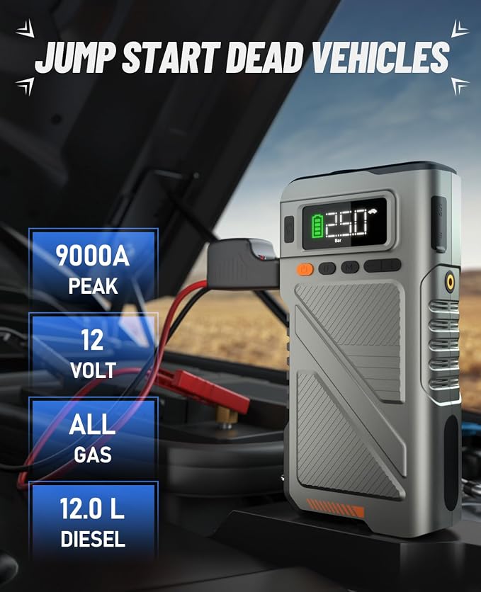 9000A Jump Starter with Air Compressor, Car Charger Portable Jump Box - Image 2