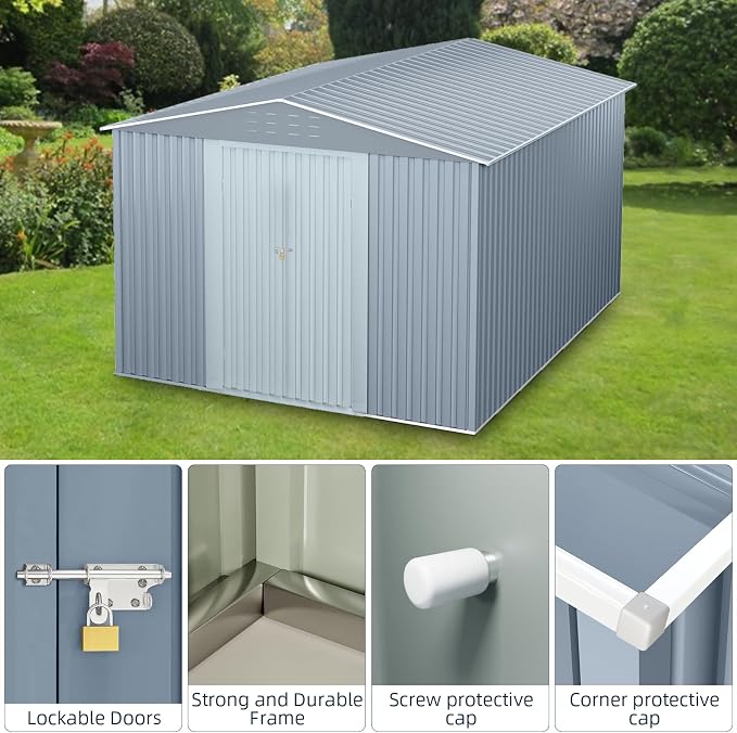 10x10FT Outdoor Metal Storage Shed, Lockable Weatherproof Garden Shed - Image 5