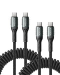 USB C Cable for Car 3FT/6FT, Coiled USB C to USB C Cable Fast Charging 66W by KIYODA