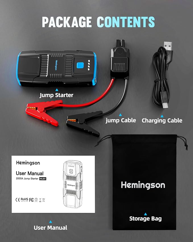 Car Jump Starter, HEMINGSON 2000A Peak Battery Jump Starter Portable 12V Jump - Image 7