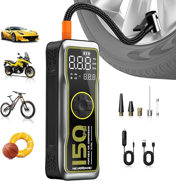 NEVERLAND Tire Inflator Portable Air Compressor - 16000mAh 150PSI Air Pump by Professionalcoversellers