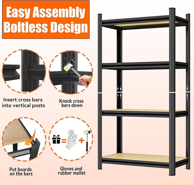 Garage Shelving, 4-Tier Adjustable Storage Shelves, Metal & Wood Pantry Shelf - Image 5
