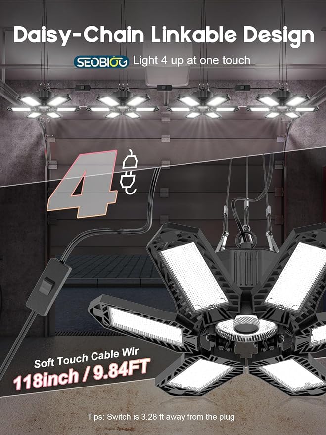 SEOBIOG LED Garage Lights 4 Pack, 200W 20000LM Plug in Linkable LED Shop Light - Image 3