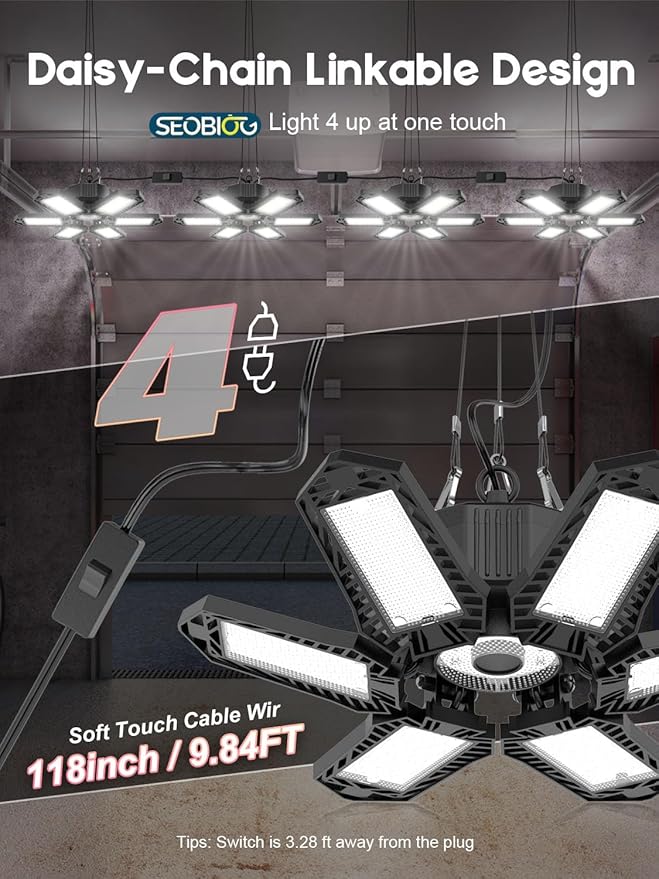 SEOBIOG 2 Pack Plug in Garage Light, Upgraded 200W 20000LM Linkable LED Shop - Image 3