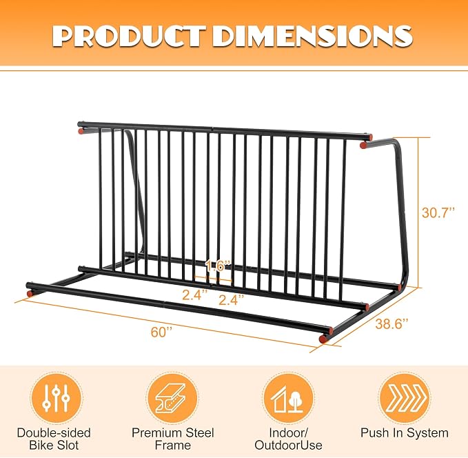 10-Bike Floor Bike Rack, 60” Dual-Sided Freestanding Steel Bike Stand - Image 5