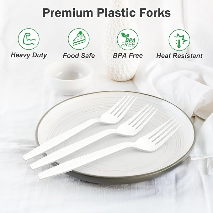 360 Count Extra Heavy Duty White Plastic Forks Disposable, Heat Resistant - Image 4
