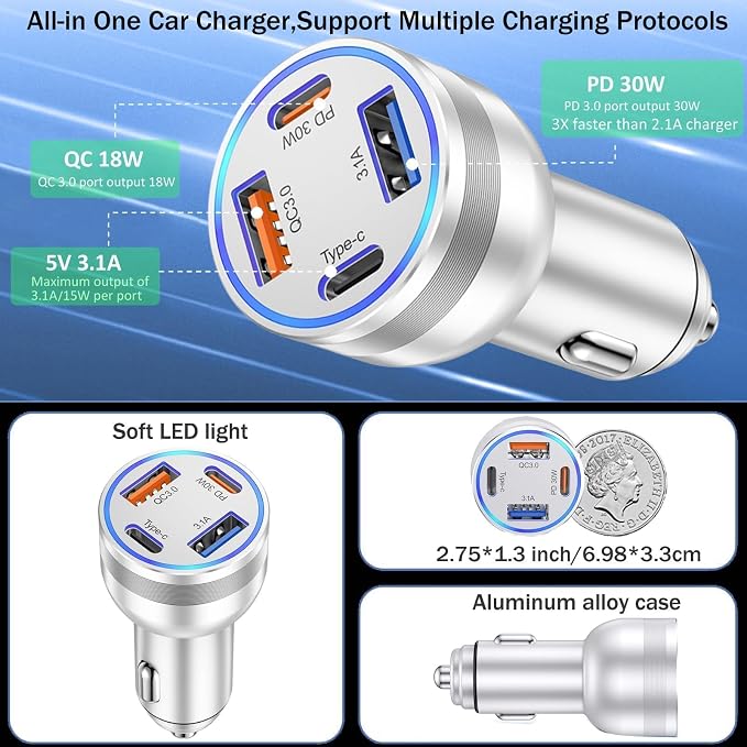 65W Car Phone Charger USB C, 5 Pack 4-Port Cigarette Lighter Adapter, 12V USB C - Image 6