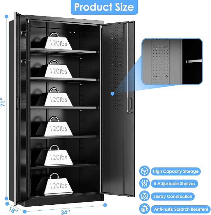 Metal Storage Cabinet with Pegboard 71'' x 34'' x 18'', Lockable Steel Storage - Image 3