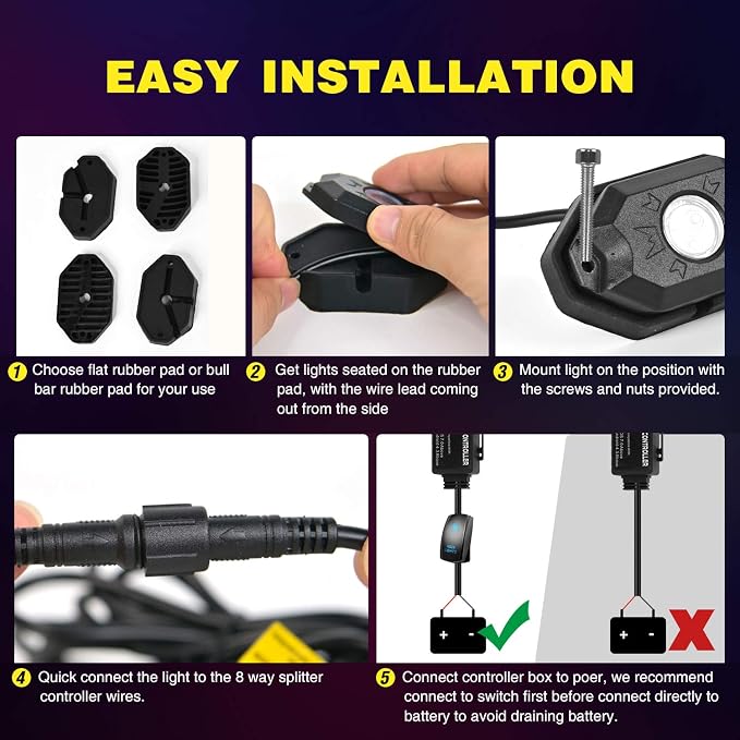 Nilight RGB LED Rock Lights Kit 8 pods Underglow Neon Multicolor - Image 7