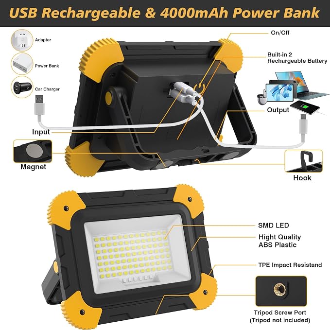 2-Pack Portable Flood Light, 4000mAh Magnetic Rechargeable LED Work Light - Image 4