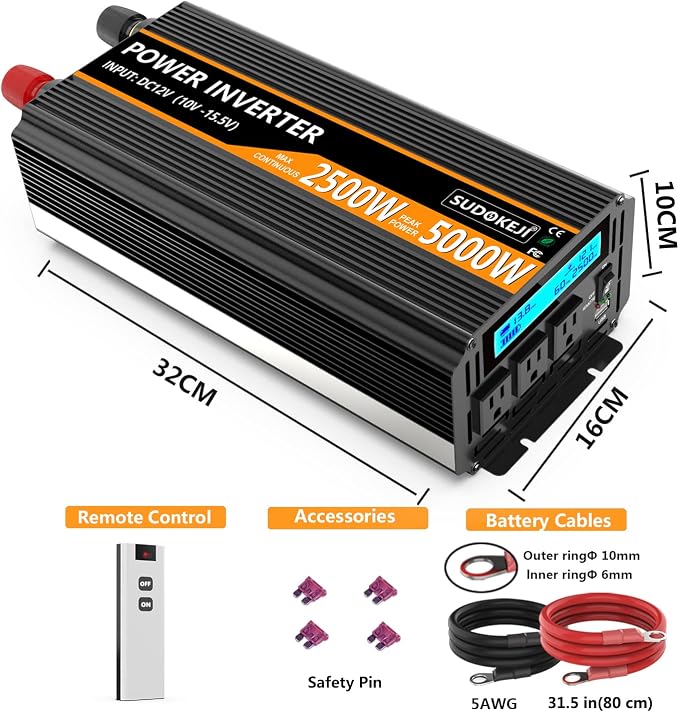 SUDOKEJI 2500W Power Inverter 12V DC to AC 110V/120V 5000W Converter 3 sockets - Image 7