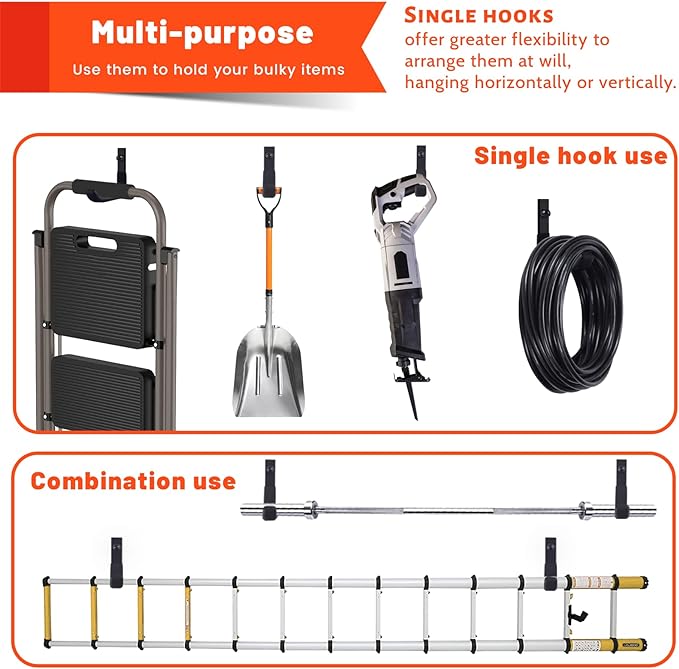 4 Pack Garage Storage Hooks, Ladder Hangers, Steel Wall Mount Hooks, Utility - Image 2