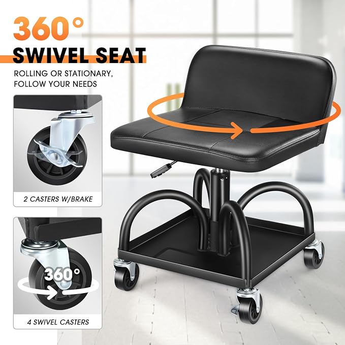 DNA MOTORING Rolling Padded Seat Adjustable Height Seat 330lbs Capacity Rolling - Image 3