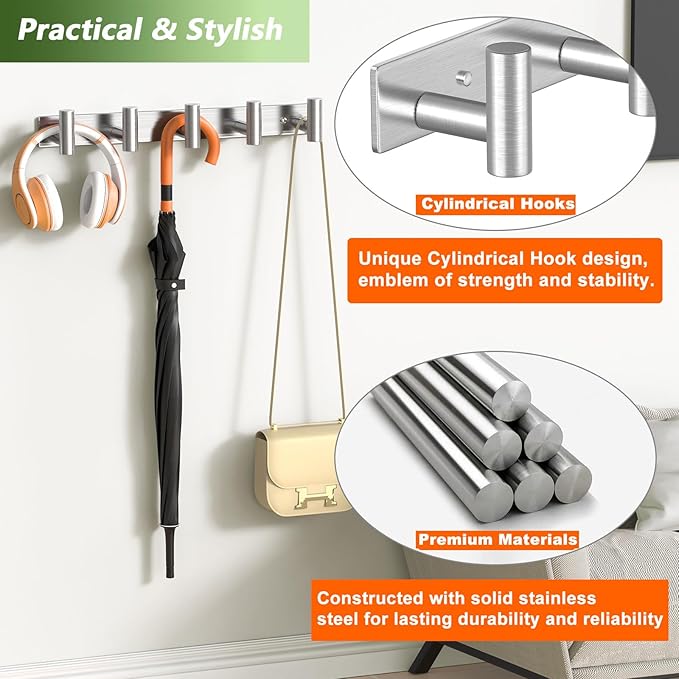 Wall Mounted Coat Rack-5 Hooks, Heavy Duty Stainless Steel Hook Rail - Image 3