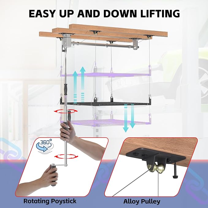 4x4FT Ceiling Storage Racks Lift, Overhead Garage Storage Rack, Adjustable - Image 4