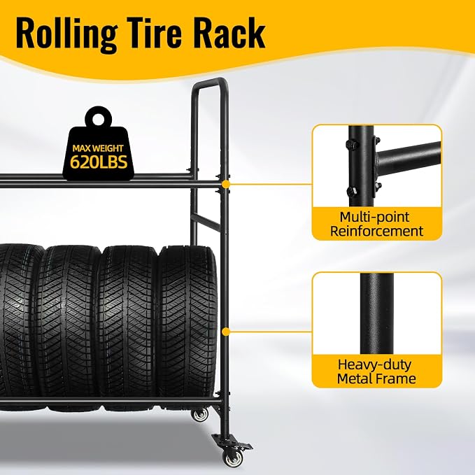 Tire Rack, Adjustable Height Metal Rolling Storage Rack 60" x 59" x 21" - Image 5