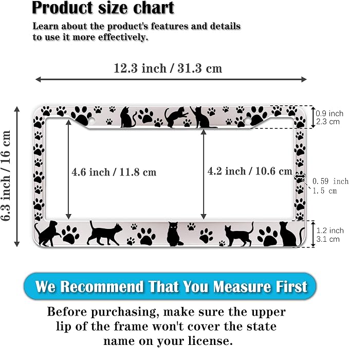 License Plate Frames Black and White License Plate Cover Kitty Cat Pawprints - Image 2