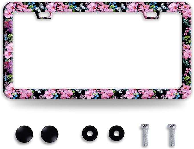 Cherry Blossom Butterfly License Plate Frame Funny License Plate Frames by BRAGHRTED
