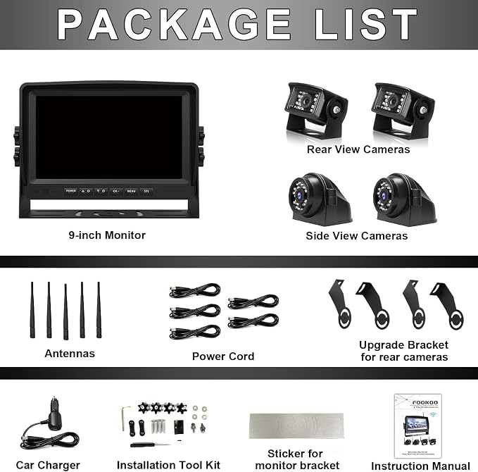 Fookoo HD 1080P 9" Wireless Backup Camera System, 9-inch Quad Split Screen - Image 9