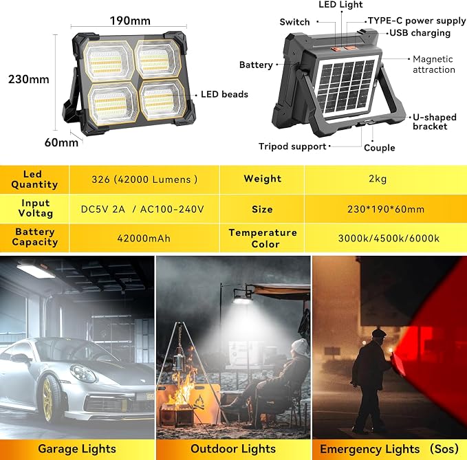 500W Led Work Light Rechargeable, 42000MAh Solar Portable Light, 42000LM - Image 7