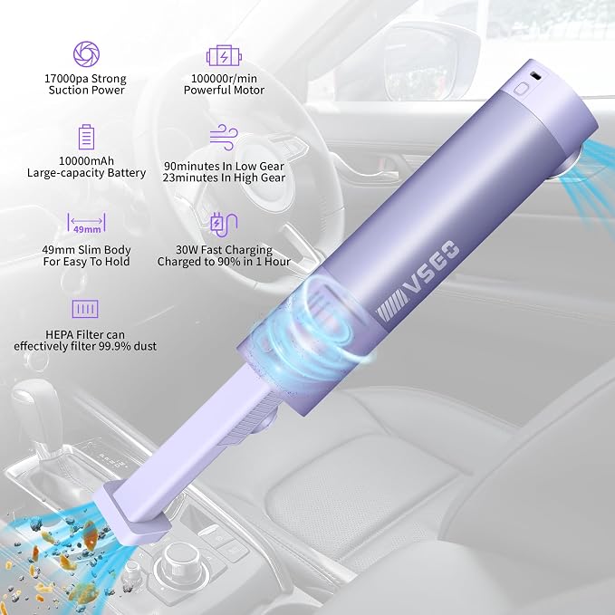 VSGO Cordless Car Vacuum, Compressed Electric Air Duster 17000Pa Suction - Image 3