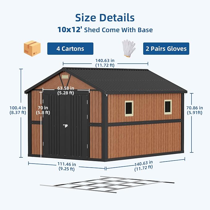 10x12FT Outdoor Storage Shed, Metal Garden Shed - Image 2